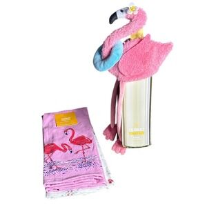 Summer Pink Flamingo Wine Bottle Cover & Kitchen Hand Towel Set GIFT NEW